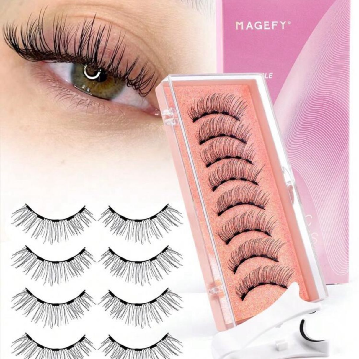 رموش مغناطيسية طبيعية ثلاثية الأبعاد 8 قطع قابلة لإعادة الاستخدام مع ملقط Y1034