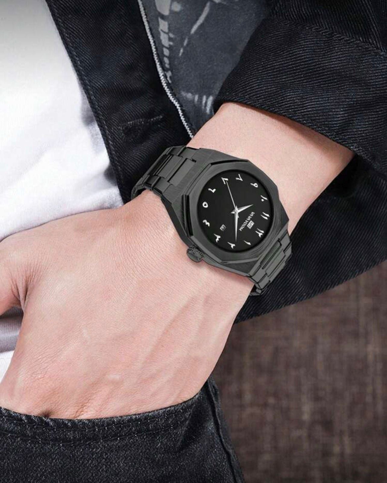 ساعة رجالية VA VA VOOM فاخرة بلون أسود بالكامل  تصميم عربي أنيق من الفولاذ المقاوم للصدأ GMBB 2931