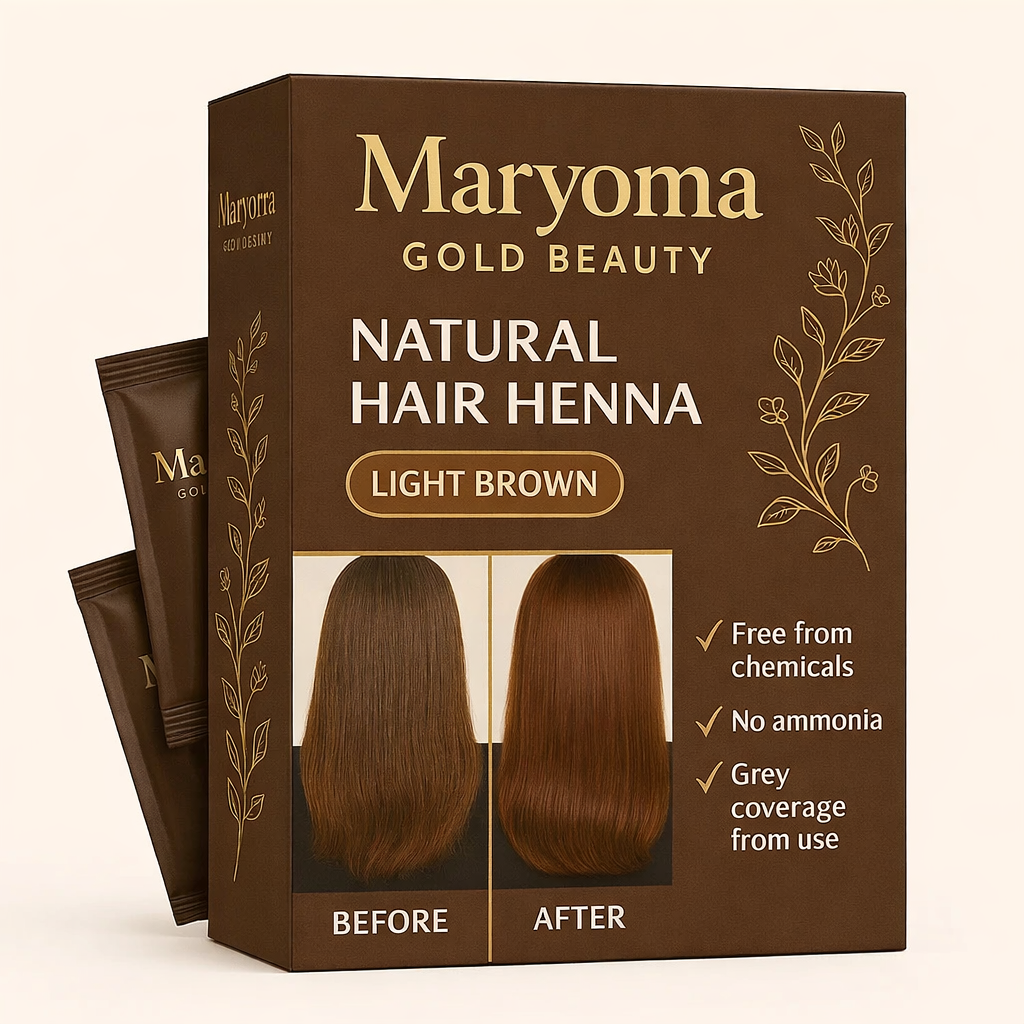 حنة الشعر الطبيعية من Maryoma Gold Beauty – تغطية فعالة للشيب ولمعان غني اللون بنى فاتح