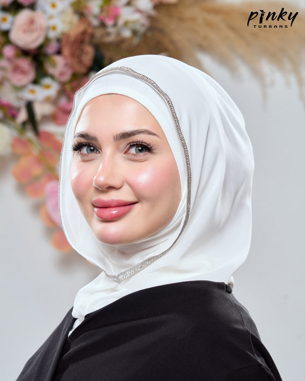 طرحة هودي شيفون بطباقية قطن من Pinky Turbans مع شريط ستراس ثابت – قطعتان متصلتان PKY-20-1
