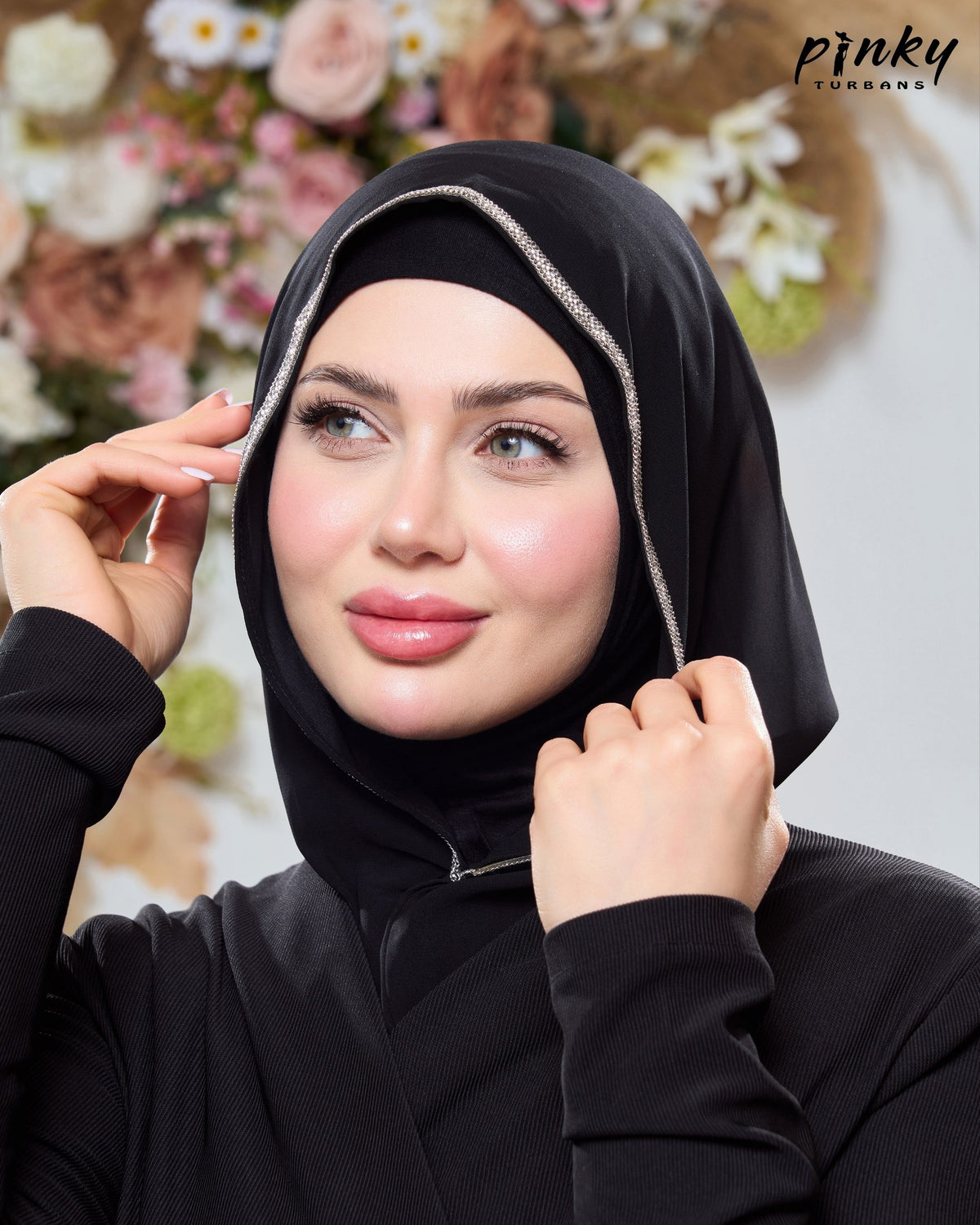 طرحة هودي شيفون بطباقية قطن من Pinky Turbans مع شريط ستراس ثابت – قطعتان متصلتان PKY-20-2