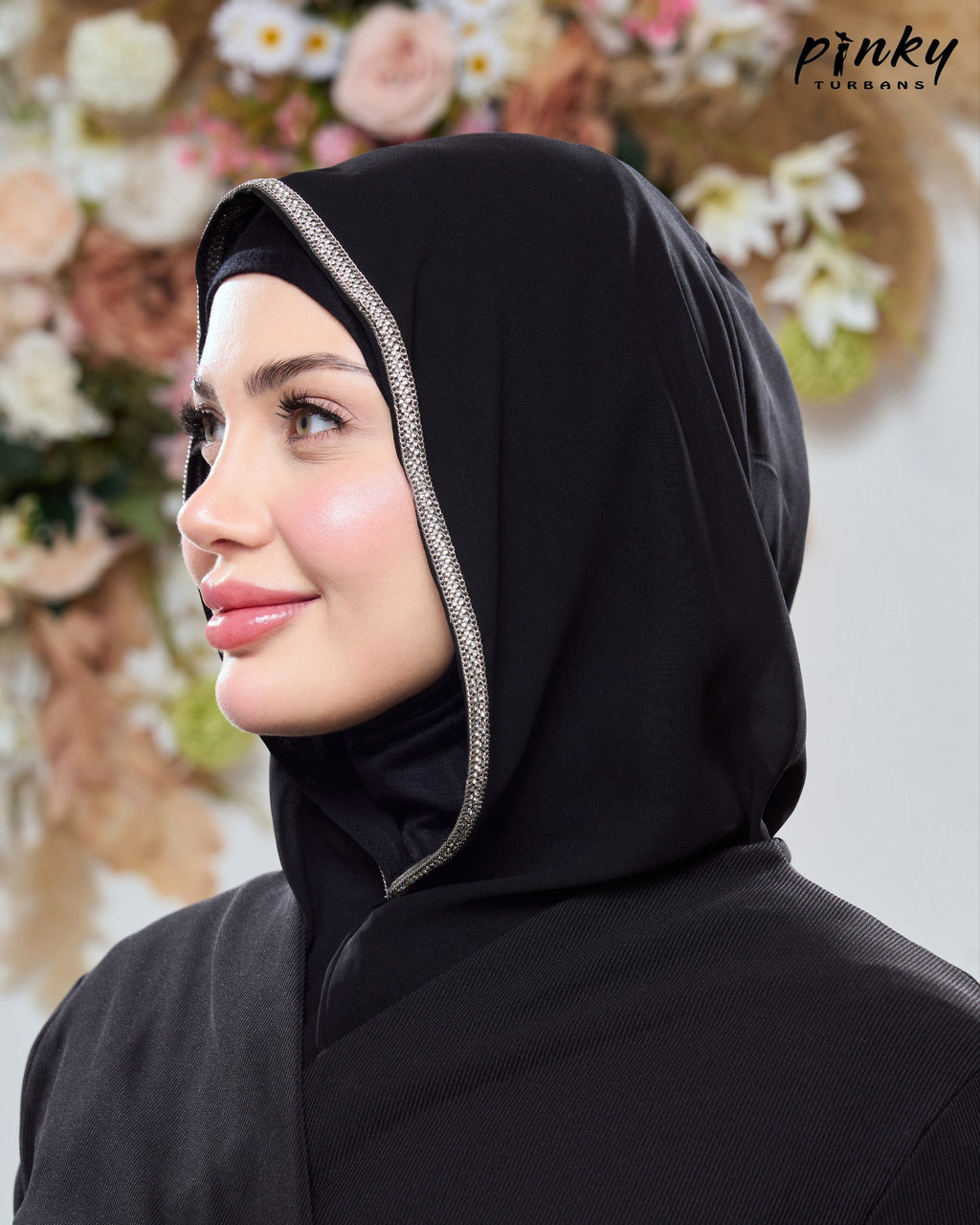 طرحة هودي شيفون بطباقية قطن من Pinky Turbans مع شريط ستراس ثابت – قطعتان متصلتان PKY-20-2