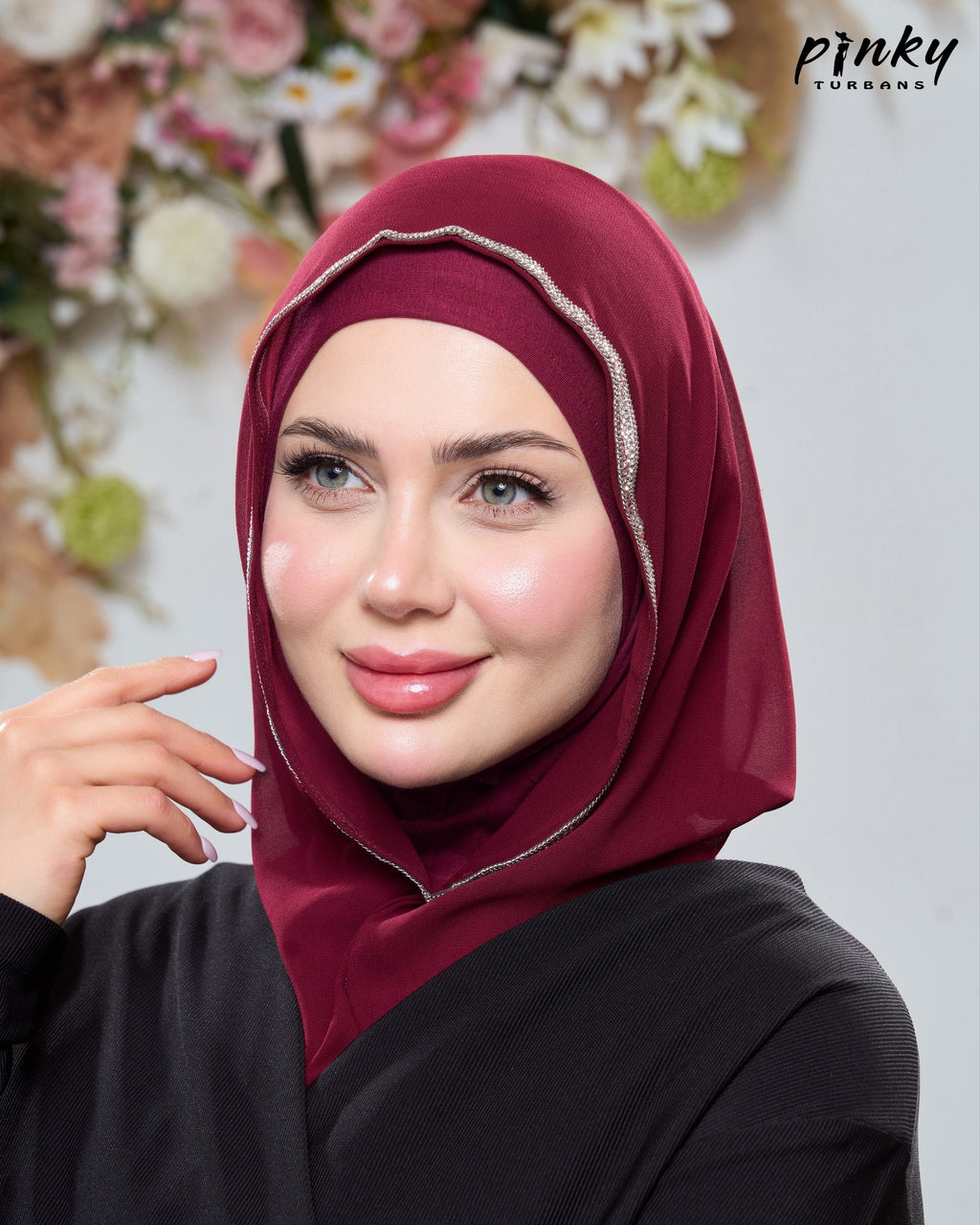 طرحة هودي شيفون بطباقية قطن من Pinky Turbans مع شريط ستراس ثابت – قطعتان متصلتان PKY-20-3