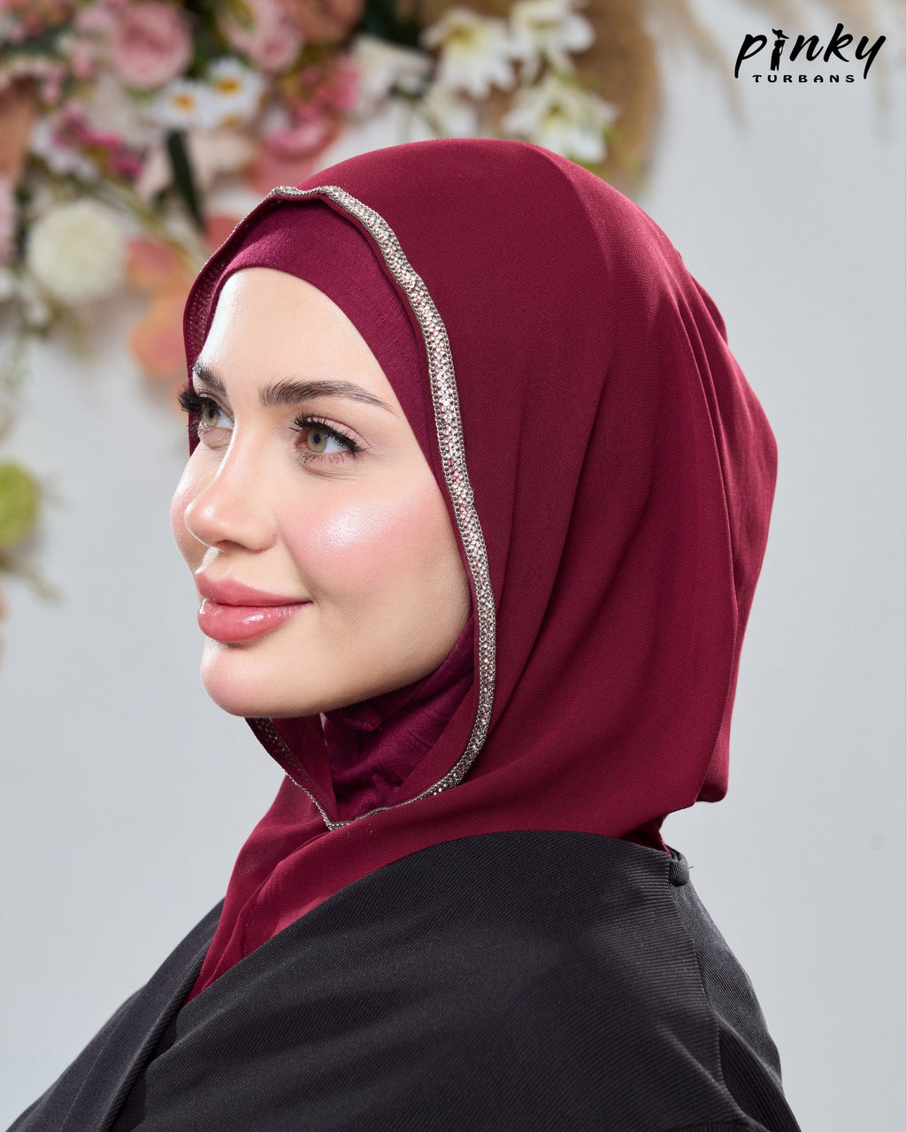 طرحة هودي شيفون بطباقية قطن من Pinky Turbans مع شريط ستراس ثابت – قطعتان متصلتان PKY-20-3