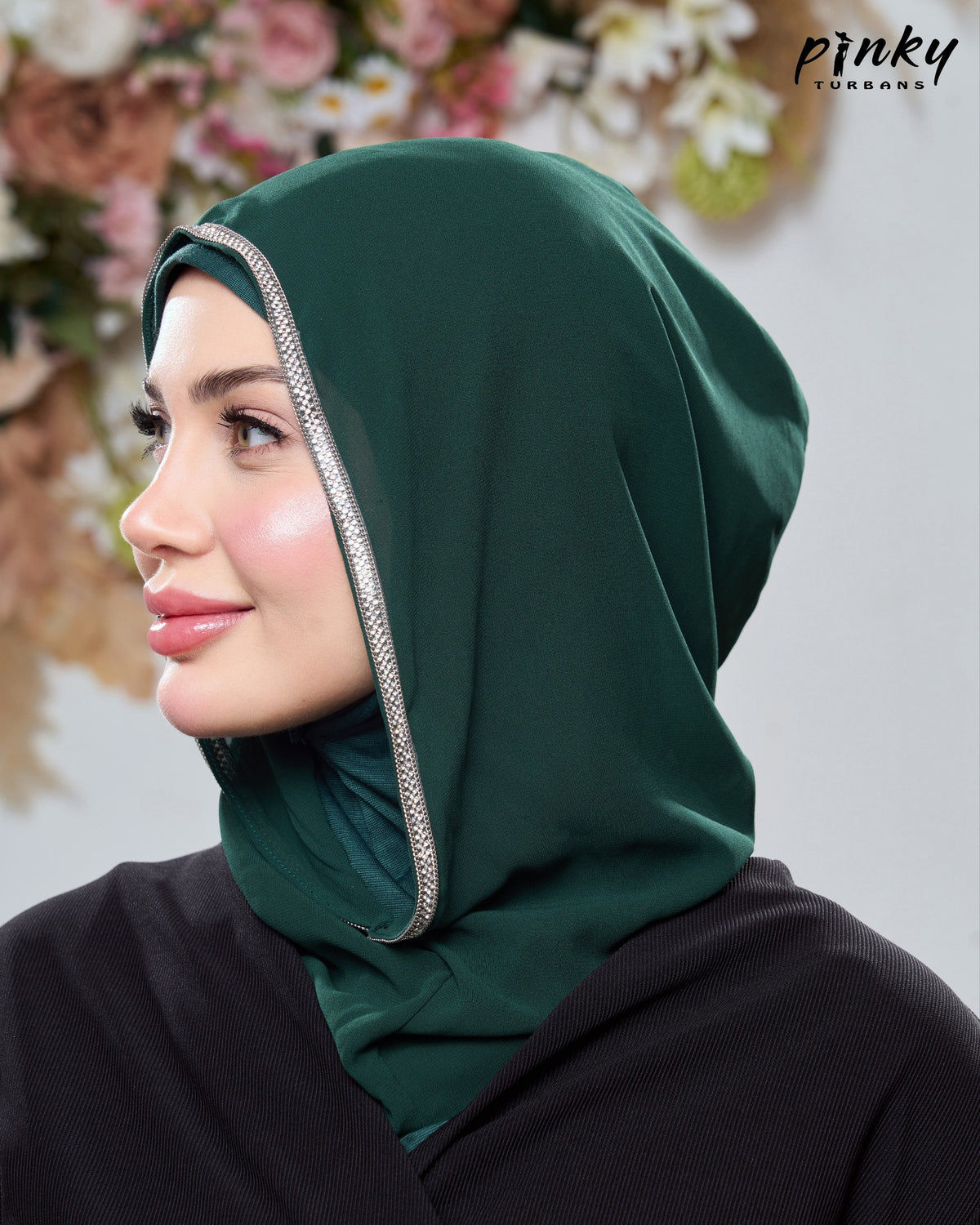 طرحة هودي شيفون بطباقية قطن من Pinky Turbans مع شريط ستراس ثابت – قطعتان متصلتان PKY-20-4