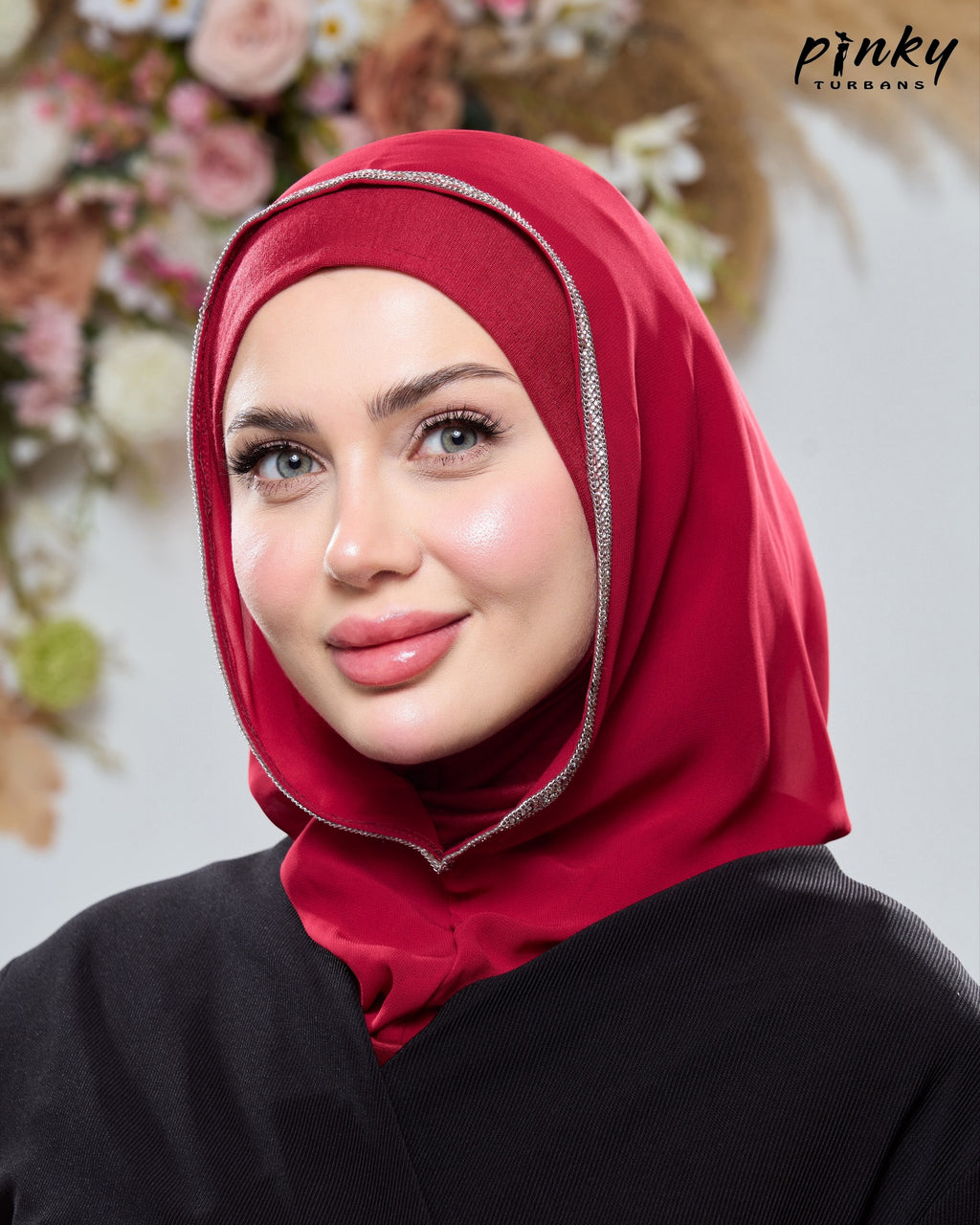 طرحة هودي شيفون بطباقية قطن من Pinky Turbans مع شريط ستراس ثابت – قطعتان متصلتان PKY-20-5