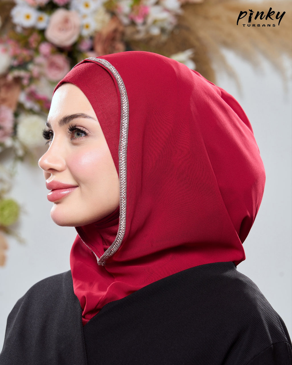 طرحة هودي شيفون بطباقية قطن من Pinky Turbans مع شريط ستراس ثابت – قطعتان متصلتان PKY-20-5