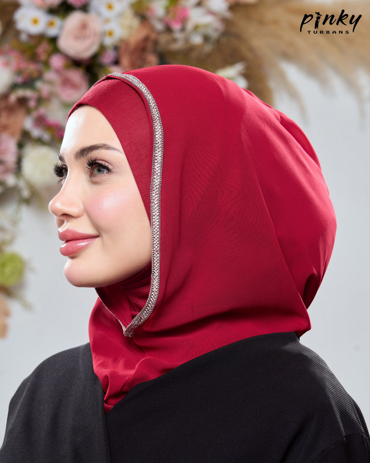 طرحة هودي شيفون بطباقية قطن من Pinky Turbans مع شريط ستراس ثابت – قطعتان متصلتان PKY-20-5