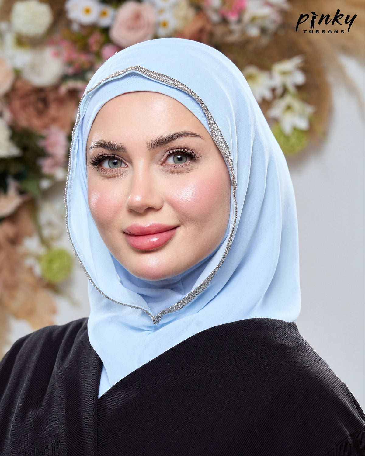 طرحة هودي شيفون بطباقية قطن من Pinky Turbans مع شريط ستراس ثابت – قطعتان متصلتان PKY-20-6