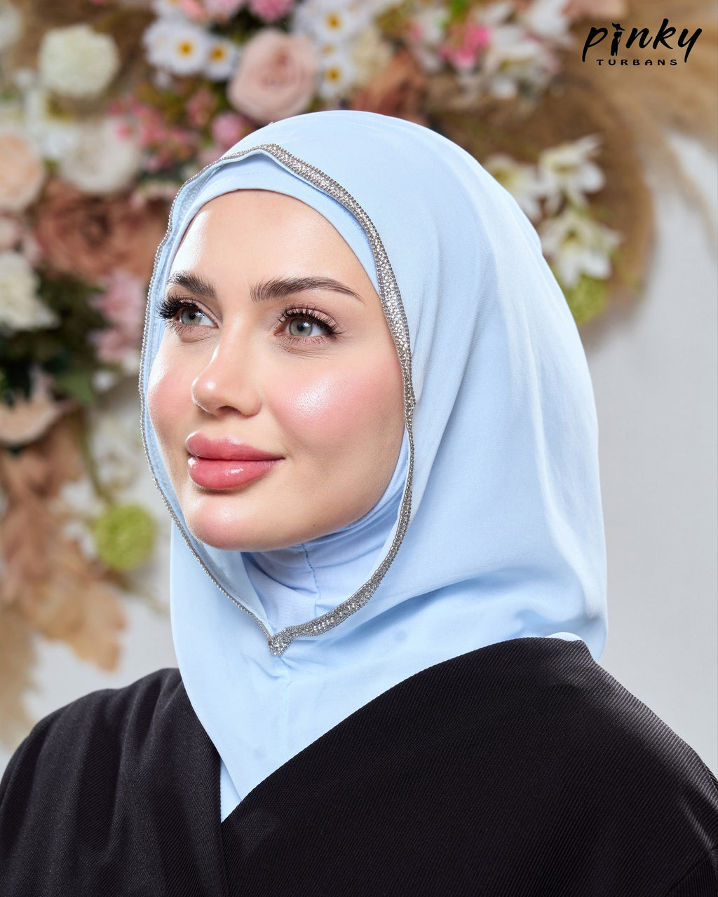 طرحة هودي شيفون بطباقية قطن من Pinky Turbans مع شريط ستراس ثابت – قطعتان متصلتان PKY-20-6