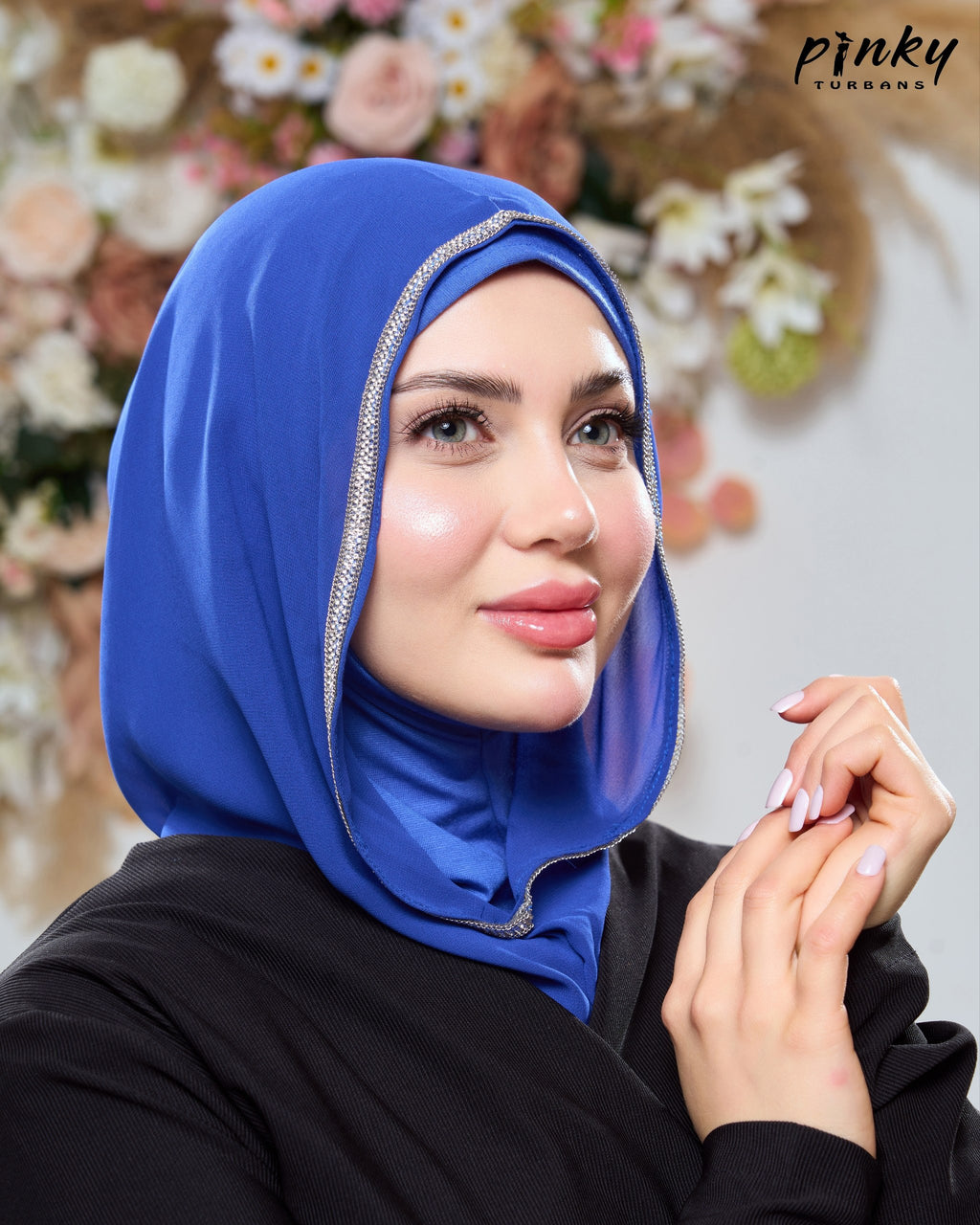 طرحة هودي شيفون بطباقية قطن من Pinky Turbans مع شريط ستراس ثابت – قطعتان متصلتان PKY-20-8