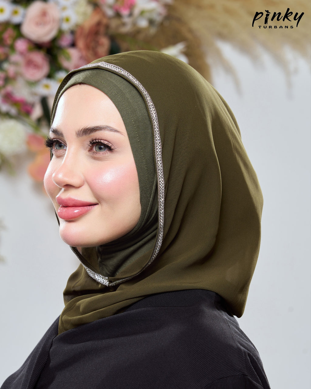 طرحة هودي شيفون بطباقية قطن من Pinky Turbans مع شريط ستراس ثابت – قطعتان متصلتان PKY-20-9