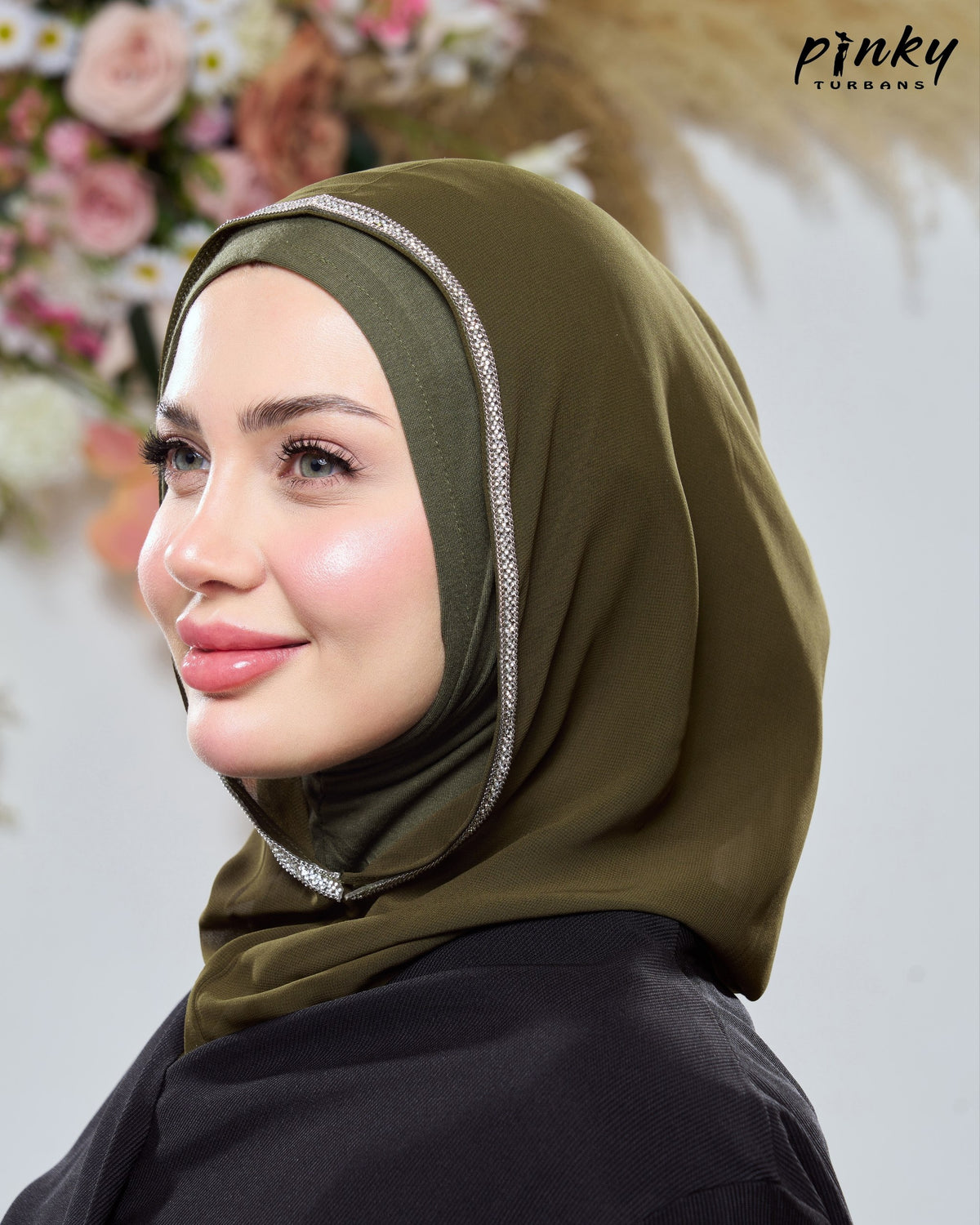 طرحة هودي شيفون بطباقية قطن من Pinky Turbans مع شريط ستراس ثابت – قطعتان متصلتان PKY-20-9
