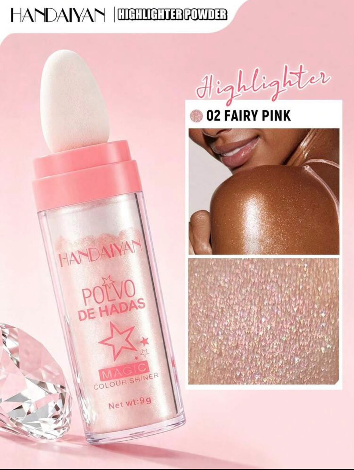 هايلايتر HANDAIYAN  بودرة مع إسفنجة مدمجة - تبريز وإضاءة طبيعية للوجه والجسم - وردي Fairy Pink 02