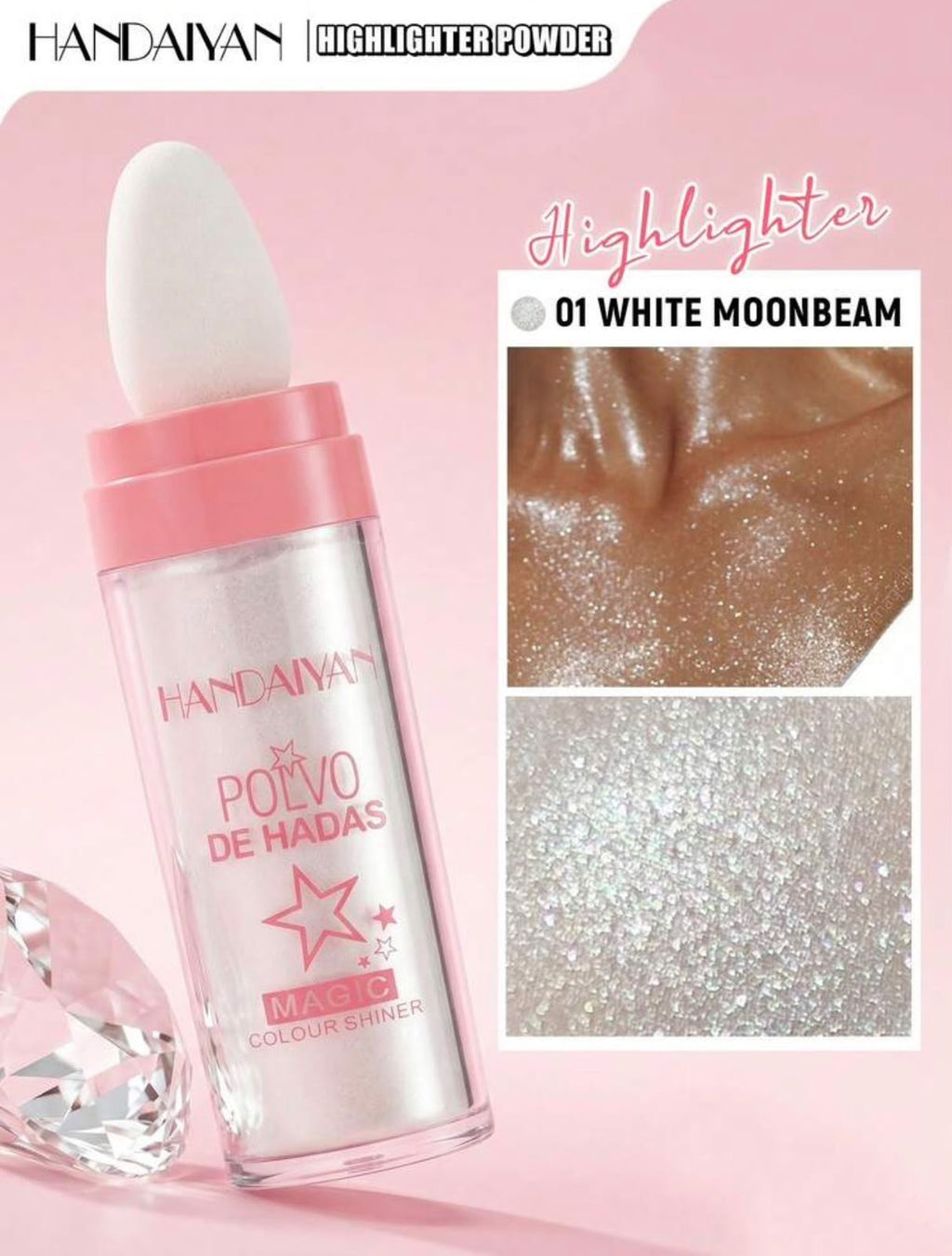 هايلايتر بودرة مع إسفنجة مدمجة HANDAIYAN - تبريز وإضاءة لؤلؤية للوجه والعينين والجسم - White Moonbeam 01