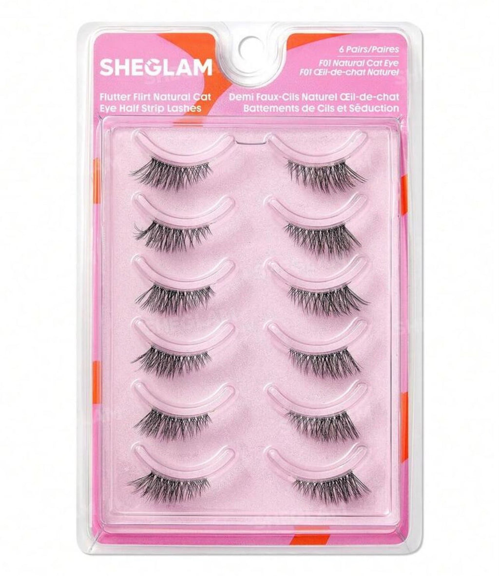 رموش SHEGLAM Flutter Flirt نصف شريط بإطلالة عين القطة الطبيعية – 6 أزواج Y1117