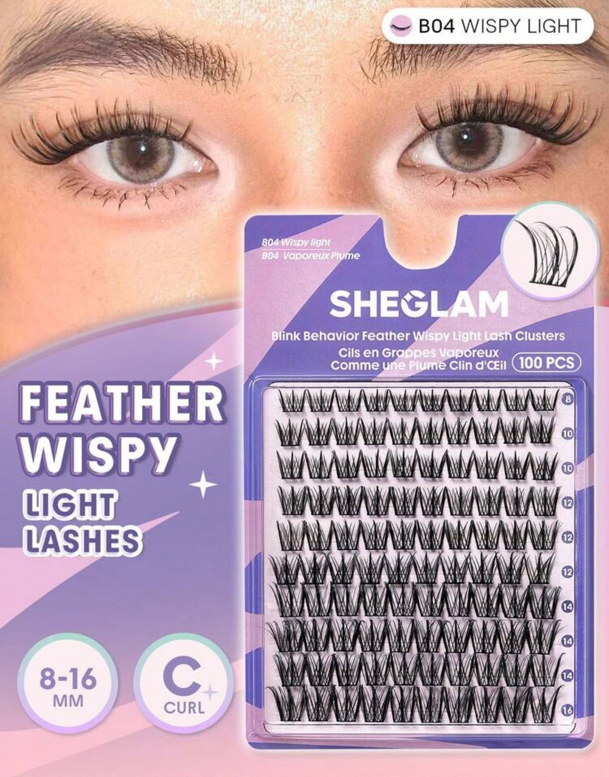 رموش SHEGLAM Blink Behavior Feather Wispy خفيفة ومتدرجة – 100 عنقود بأطوال 8–16 مم Y1118