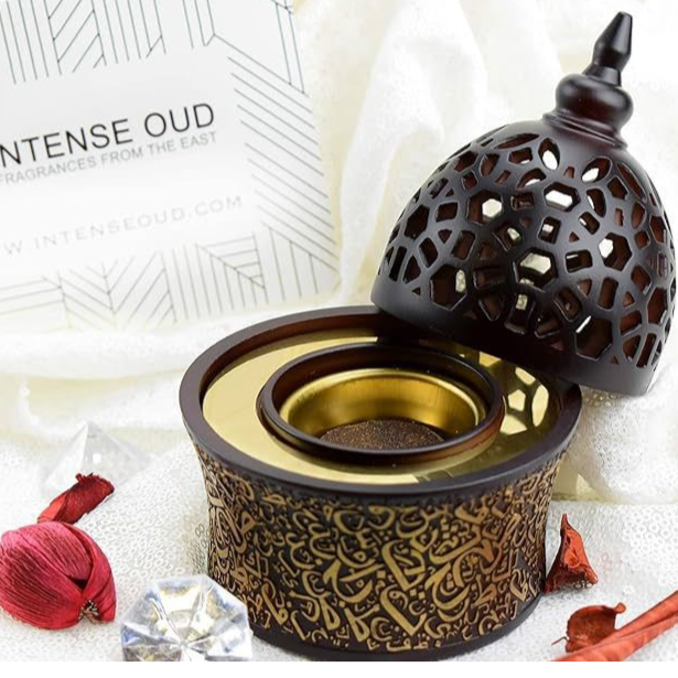 مبخرة فاخرة بنقوش عربية ذهبية – تصميم أنيق مع غطاء مزخرف   Inc-008-brown