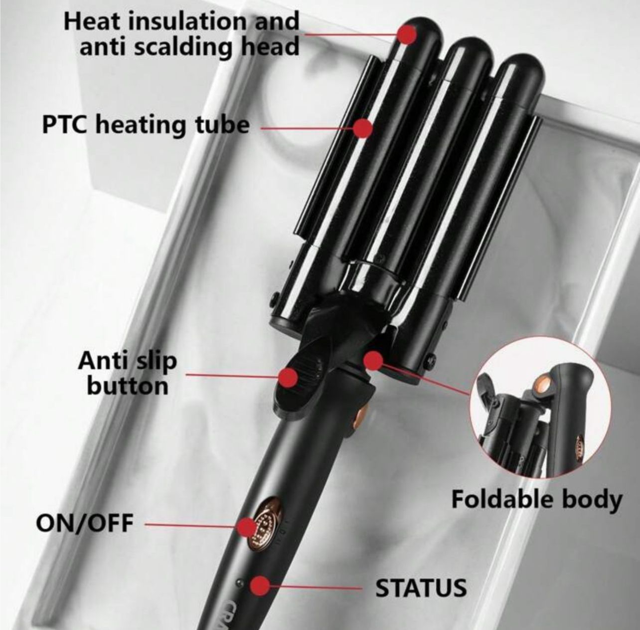 مكواة الشعر الثلاثية أسود قابلة للطي لتسريحات كيرلي ساحرة وجذابة