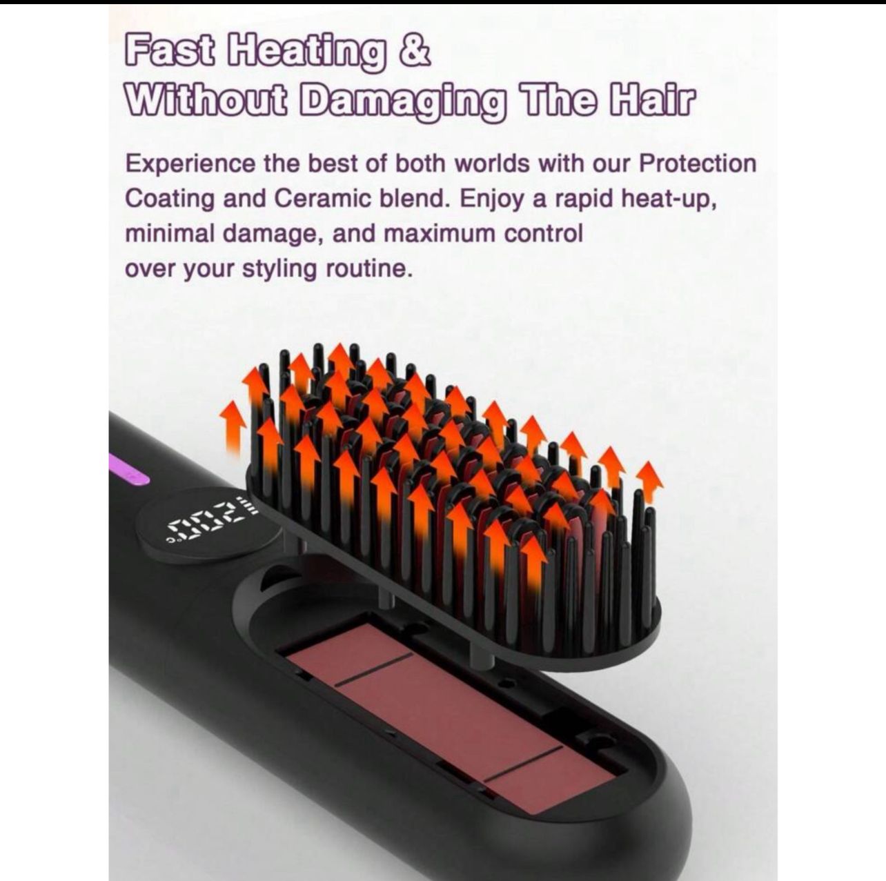 فرشاة شعر كهربائية لاسلكية قابلة لإعادة الشحن – تسخين سريع وحماية متكاملة اللون الأسود