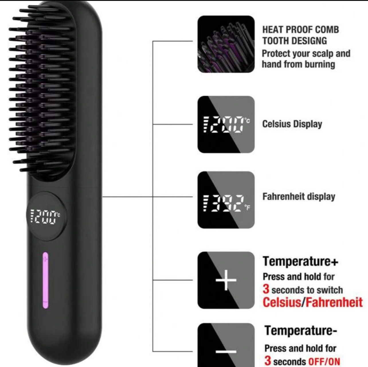 فرشاة شعر كهربائية لاسلكية قابلة لإعادة الشحن – تسخين سريع وحماية متكاملة اللون الأسود