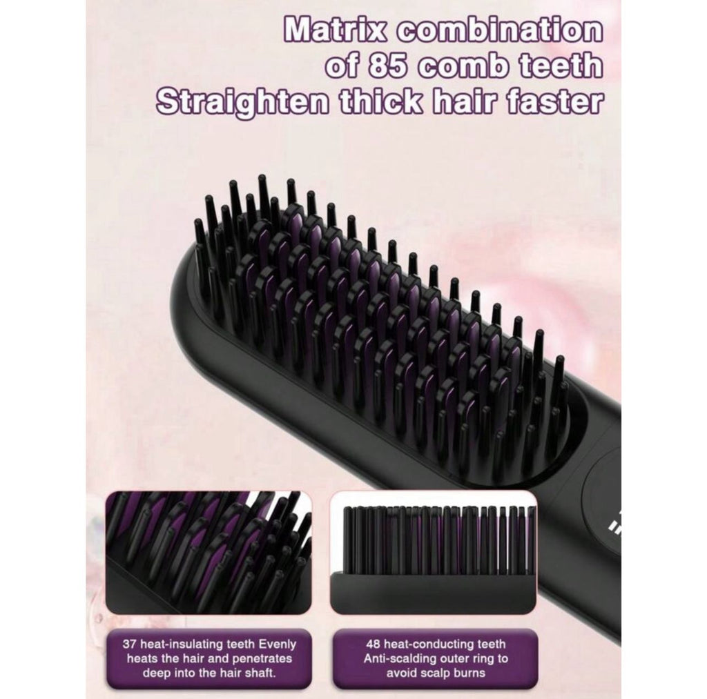 فرشاة شعر كهربائية لاسلكية قابلة لإعادة الشحن – تسخين سريع وحماية متكاملة اللون الأسود