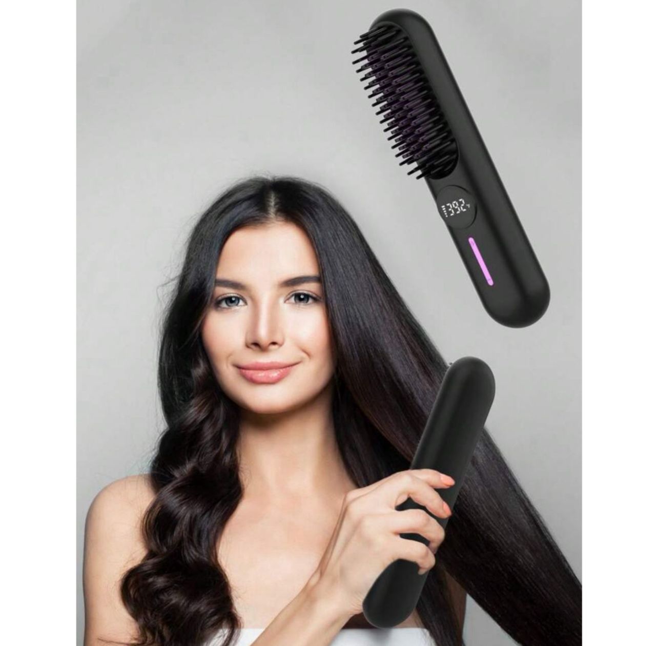 فرشاة شعر كهربائية لاسلكية قابلة لإعادة الشحن – تسخين سريع وحماية متكاملة اللون الأسود