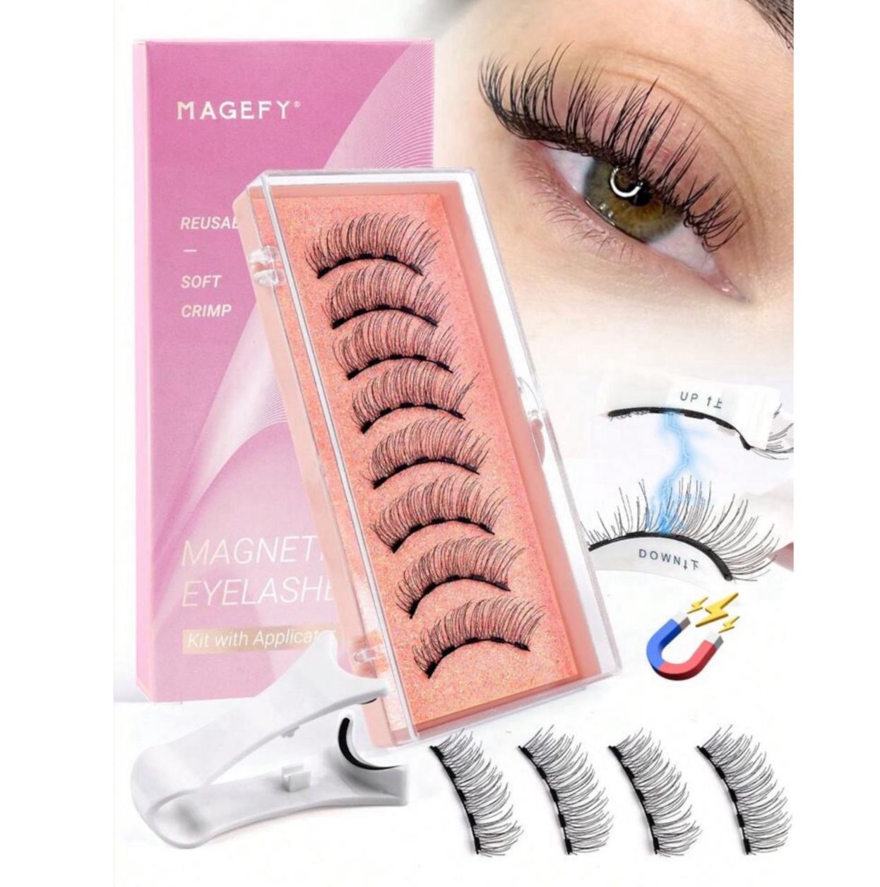 رموش مغناطيسية طبيعية ثلاثية الأبعاد 8 قطع قابلة لإعادة الاستخدام مع ملقط Y1034