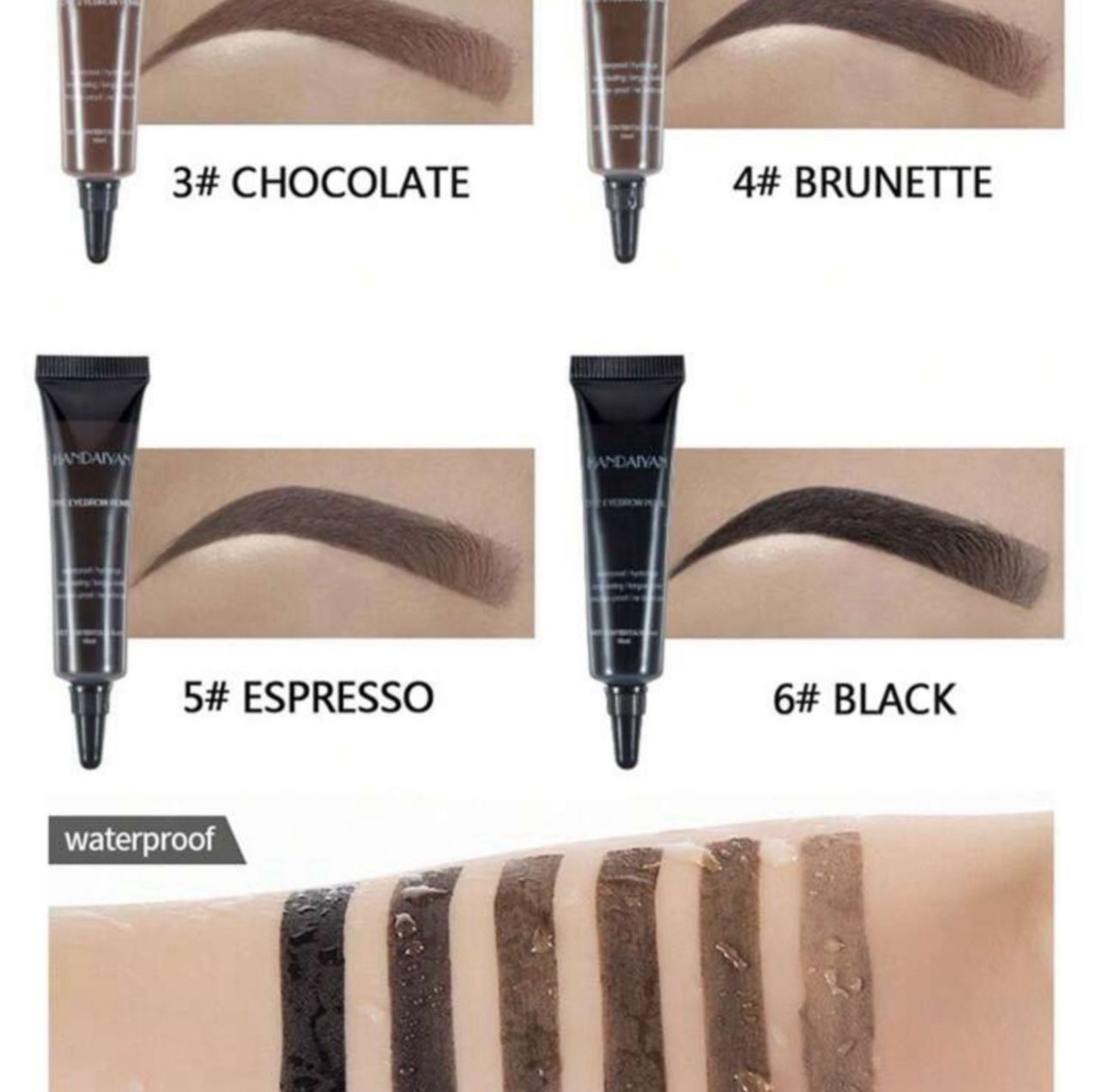كريم حواجب سائل ثلاثي الأبعاد مقاوم للماء من HANDAIYAN يدوم طويلاً مع فرشاة اللون الاسود رقم 6