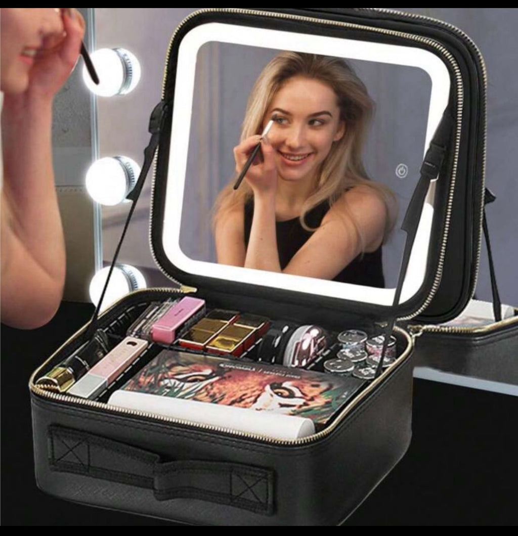 حقيبة مكياج محمولة للسفر مع مرآة LED وإضاءة قابلة للتعديل اللون الاسود