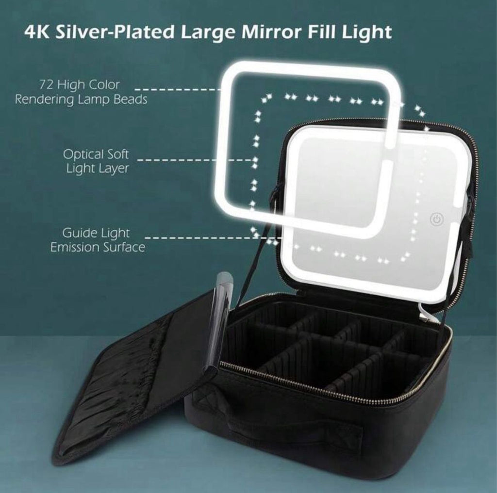 حقيبة مكياج محمولة للسفر مع مرآة LED وإضاءة قابلة للتعديل اللون الاسود