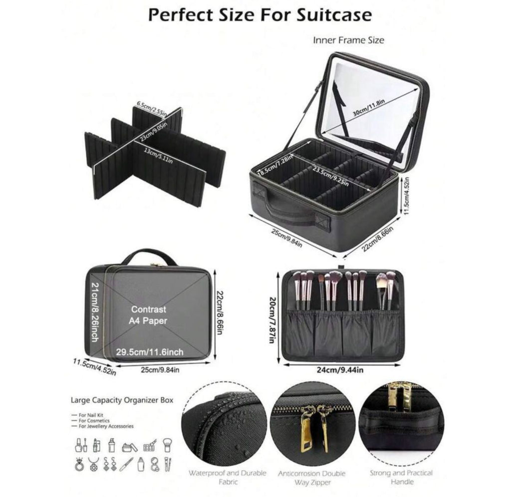 حقيبة مكياج محمولة للسفر مع مرآة LED وإضاءة قابلة للتعديل اللون الاسود