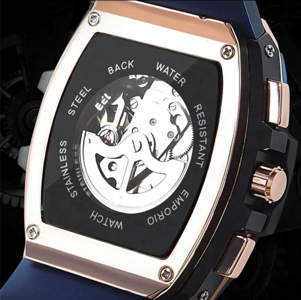 ساعة CASIRUI أوتوماتيكية رجالية بتصميم مربع – مينا مفرغة، حزام TPU، فضي × أسود GRS 3080