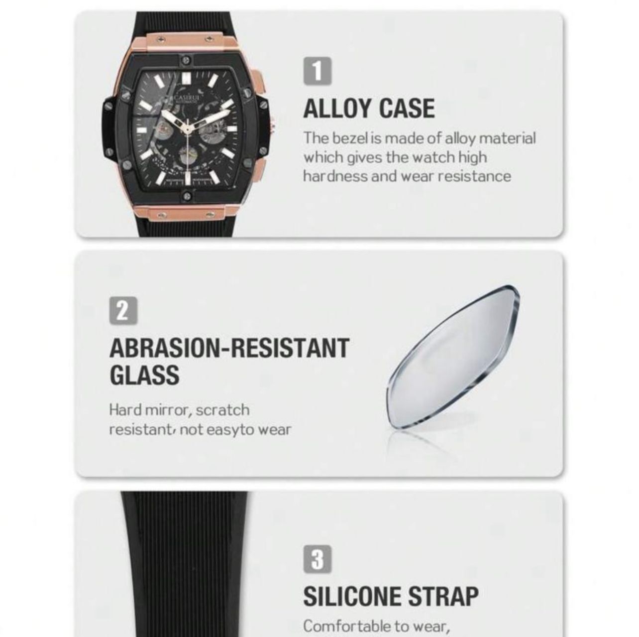 ساعة CASIRUI أوتوماتيكية رجالية بتصميم مربع – مينا مفرغة، حزام TPU، فضي × أسود GRS 3080