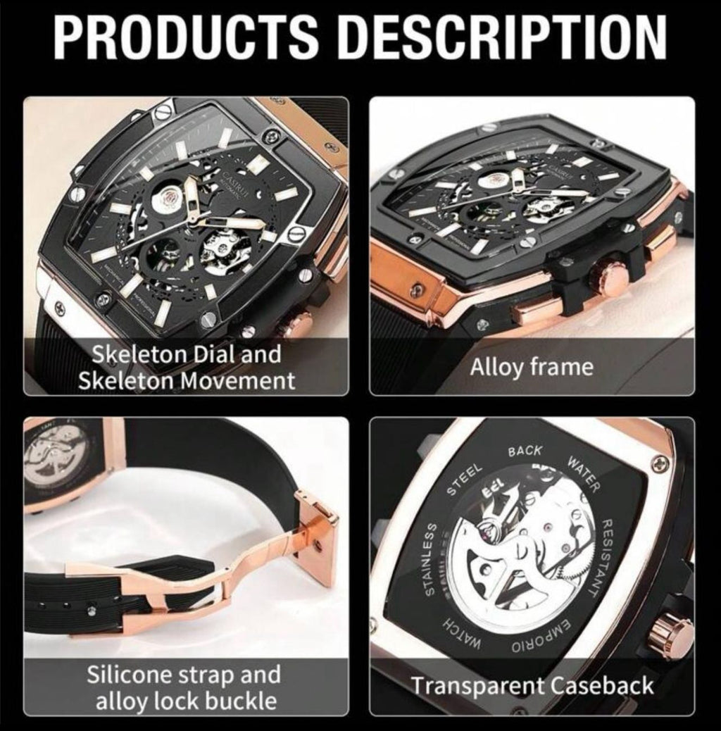 ساعة CASIRUI أوتوماتيكية رجالية بتصميم مربع – مينا مفرغة، حزام TPU، فضي × أسود GRS 3080