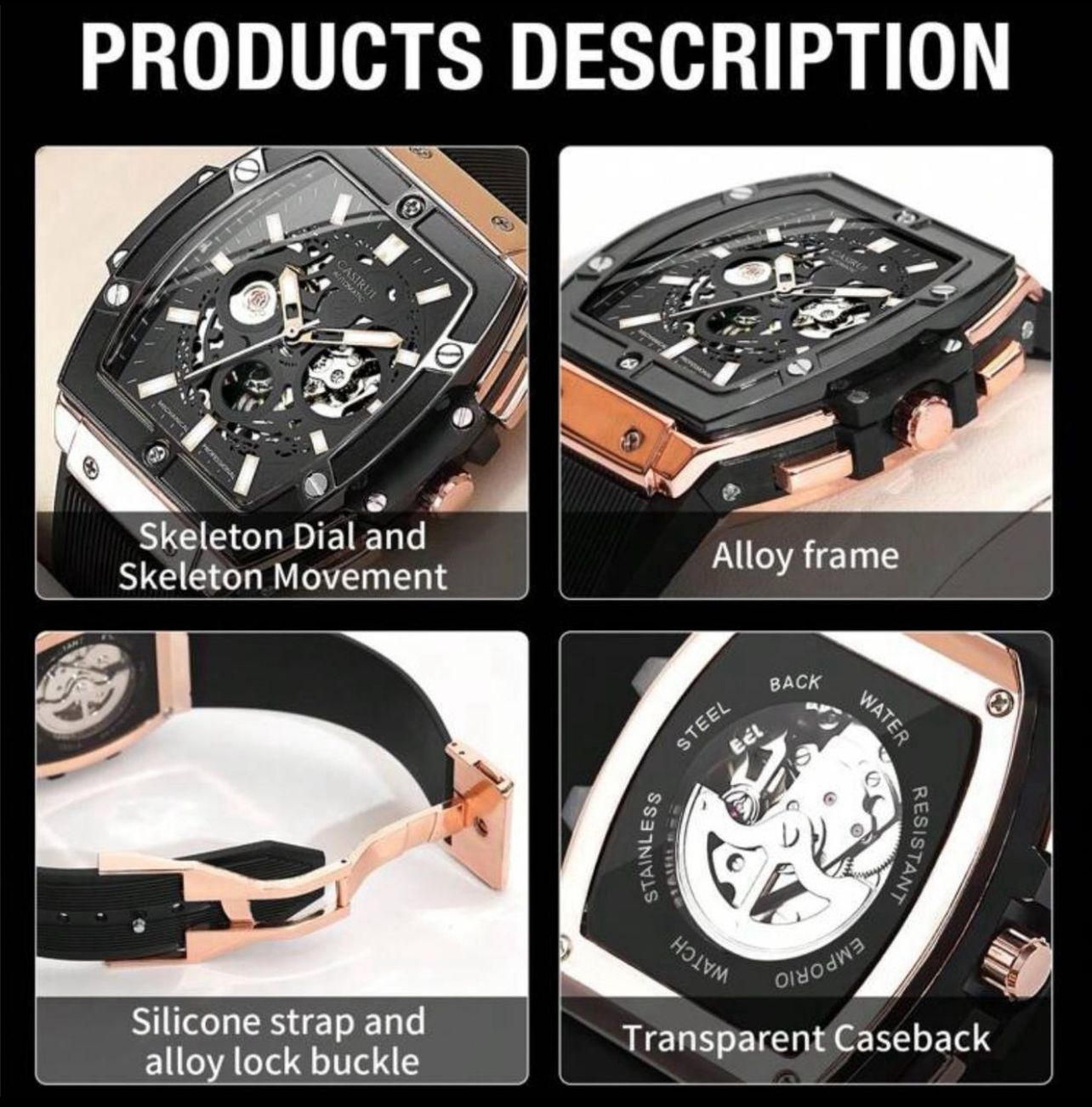 ساعة CASIRUI أوتوماتيكية رجالية بتصميم مربع – مينا مفرغة، حزام TPU، فضي × أسود GRS 3080