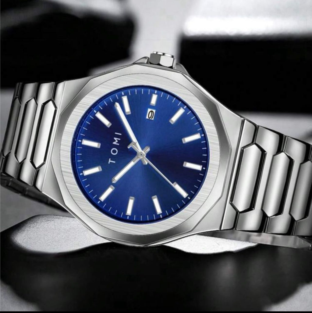 مجموعة ساعة TOMI رجالية – بطارية، مينا أزرق، مع أزرار أكمام وبروش بدلة، في علبة هدايا أنيقة GMB 301