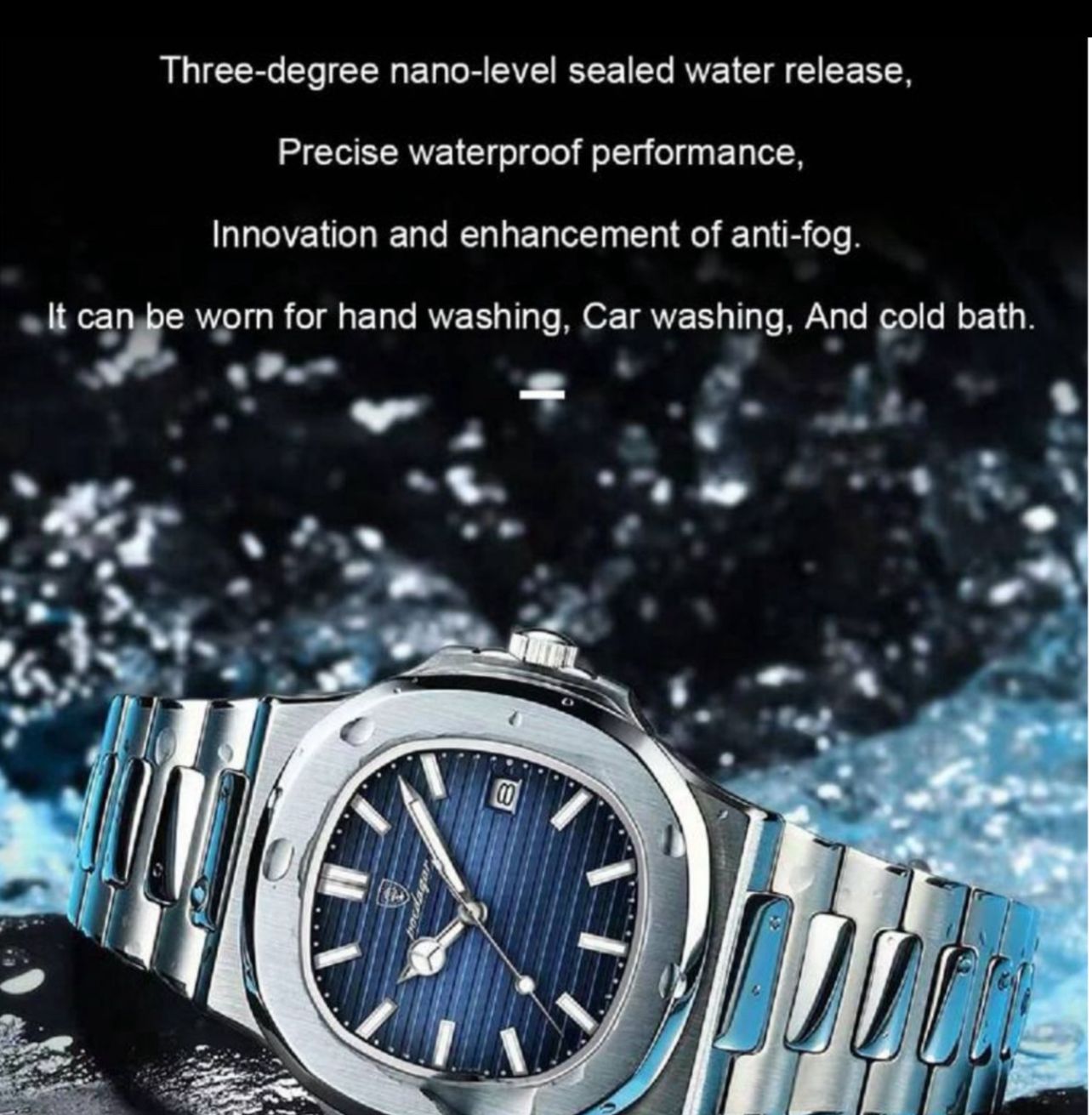 ساعة POEDAGAR رجالية فاخرة قرص أزرق مربع، مؤشرات ماسية، مقاومة للماء، سوار فولاذ 316L، مقاس 40 مم GMB 613