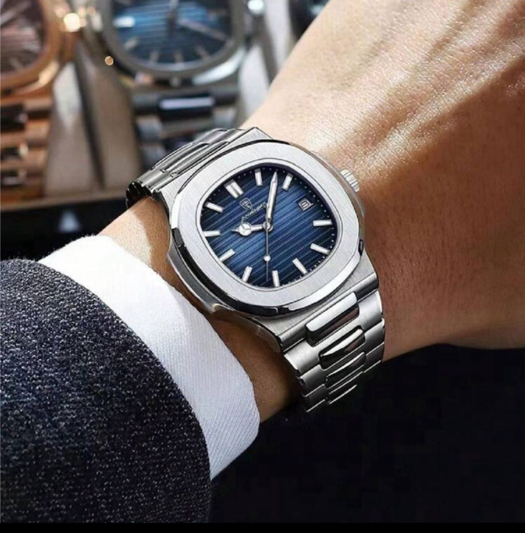 ساعة POEDAGAR رجالية فاخرة قرص أزرق مربع، مؤشرات ماسية، مقاومة للماء، سوار فولاذ 316L، مقاس 40 مم GMB 613