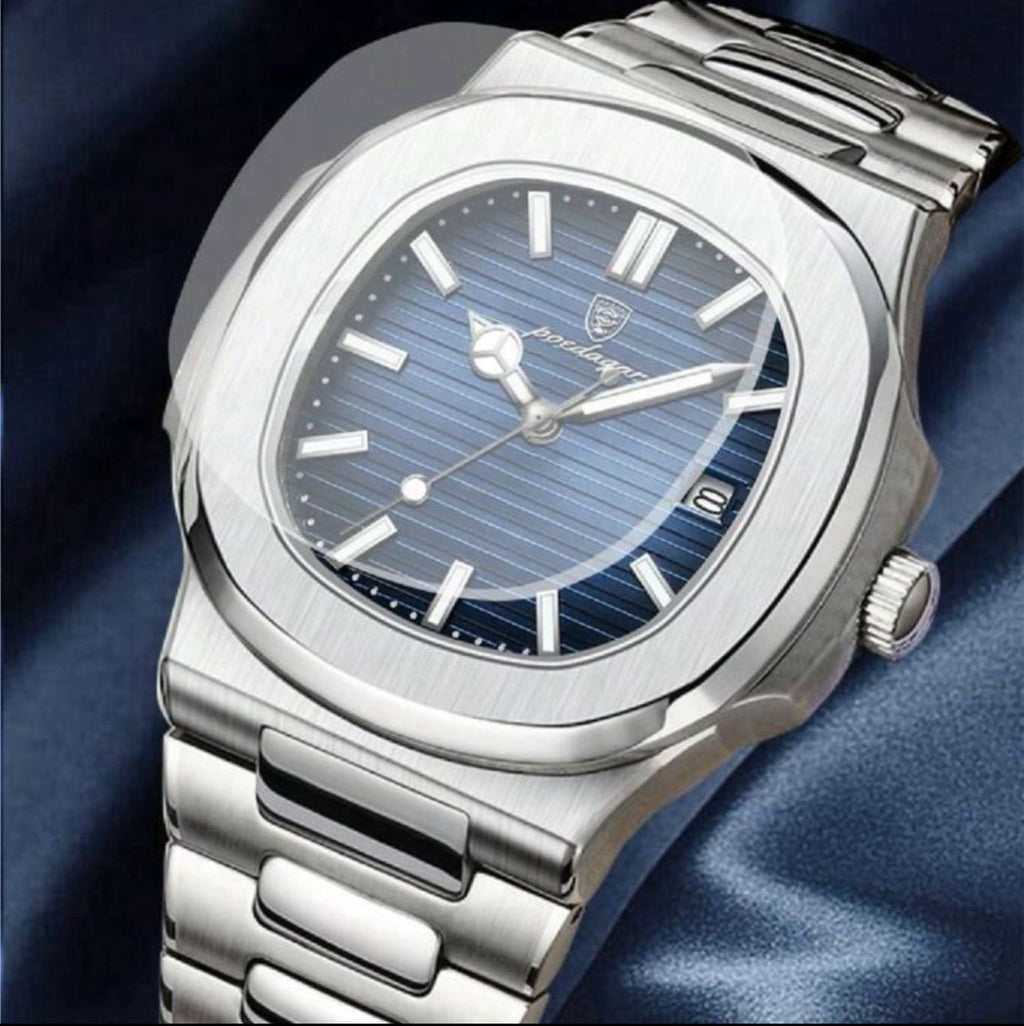 ساعة POEDAGAR رجالية فاخرة قرص أزرق مربع، مؤشرات ماسية، مقاومة للماء، سوار فولاذ 316L، مقاس 40 مم GMB 613