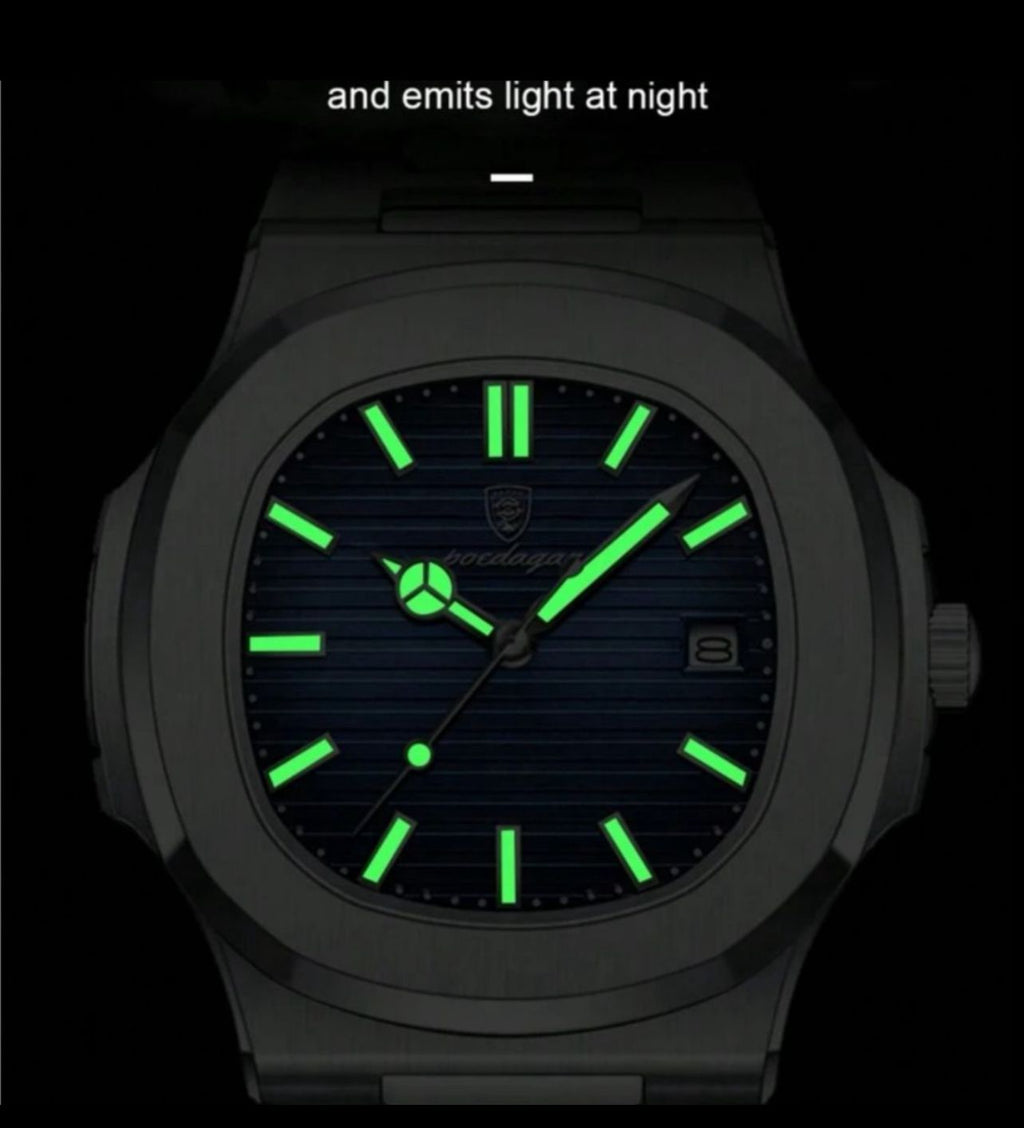 ساعة POEDAGAR رجالية فاخرة قرص أزرق مربع، مؤشرات ماسية، مقاومة للماء، سوار فولاذ 316L، مقاس 40 مم GMB 613