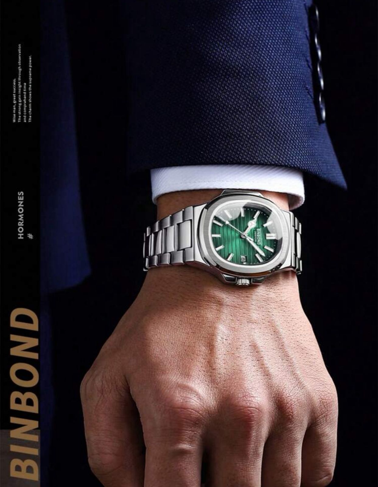 ساعة MSTIANQ رجالية فاخرة – قرص أخضر مربع، مؤشرات ماسية، مقاومة للماء، سوار فولاذ 316L، مقاس 40 مم GMG 613