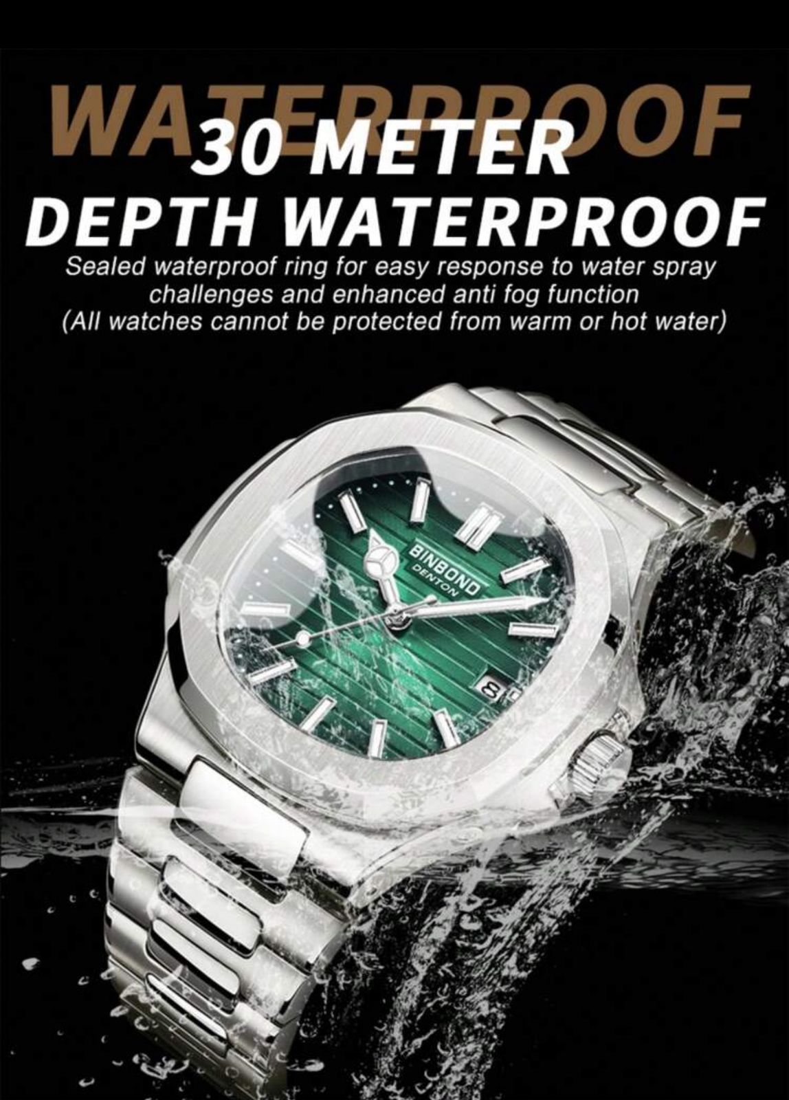 ساعة MSTIANQ رجالية فاخرة – قرص أخضر مربع، مؤشرات ماسية، مقاومة للماء، سوار فولاذ 316L، مقاس 40 مم GMG 613