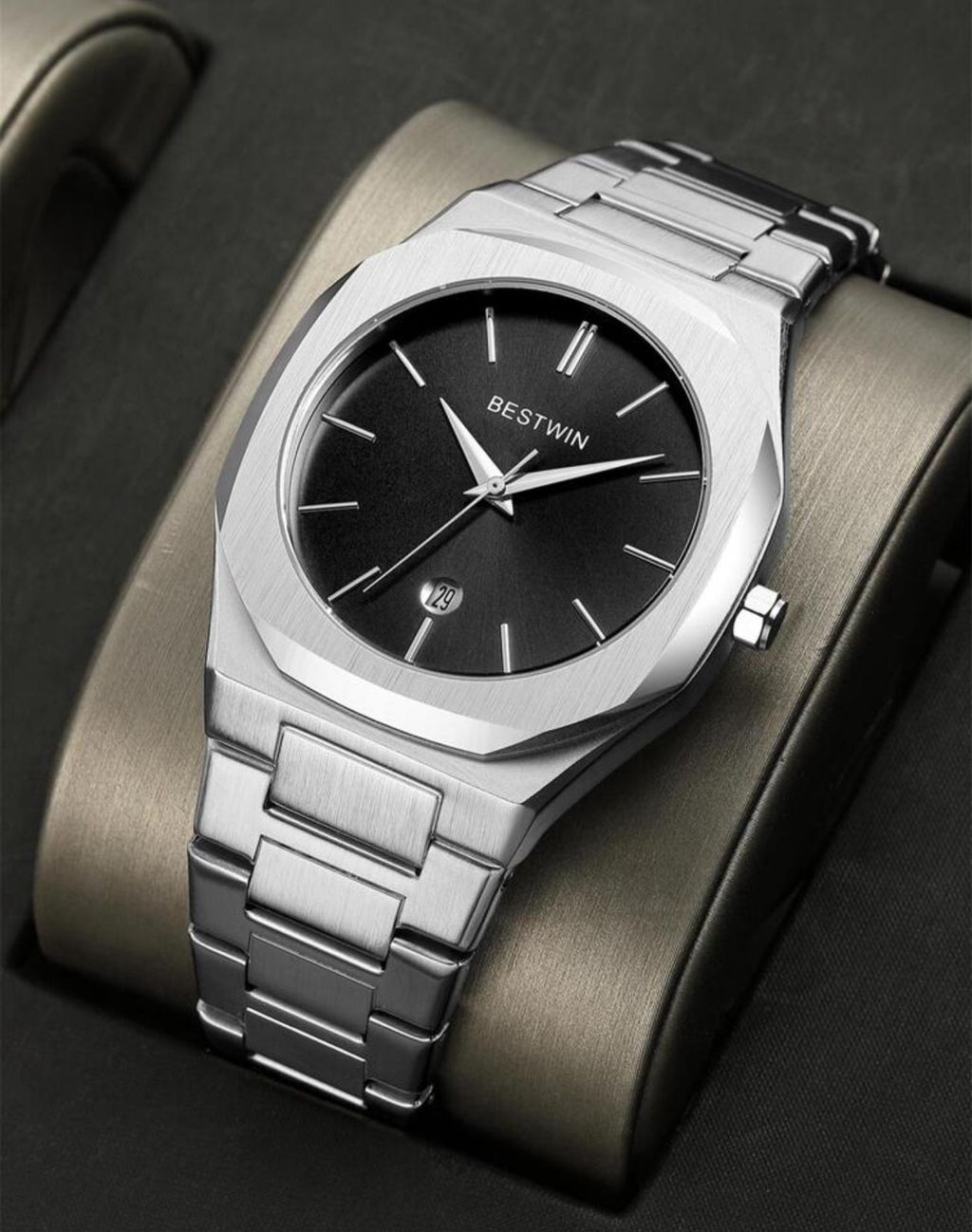 ساعة BESTWIN رجالية فاخرة – قرص أسود، عرض للتاريخ، مقاومة للماء، تصميم عملي، مقاس 40 مم GMBL 813