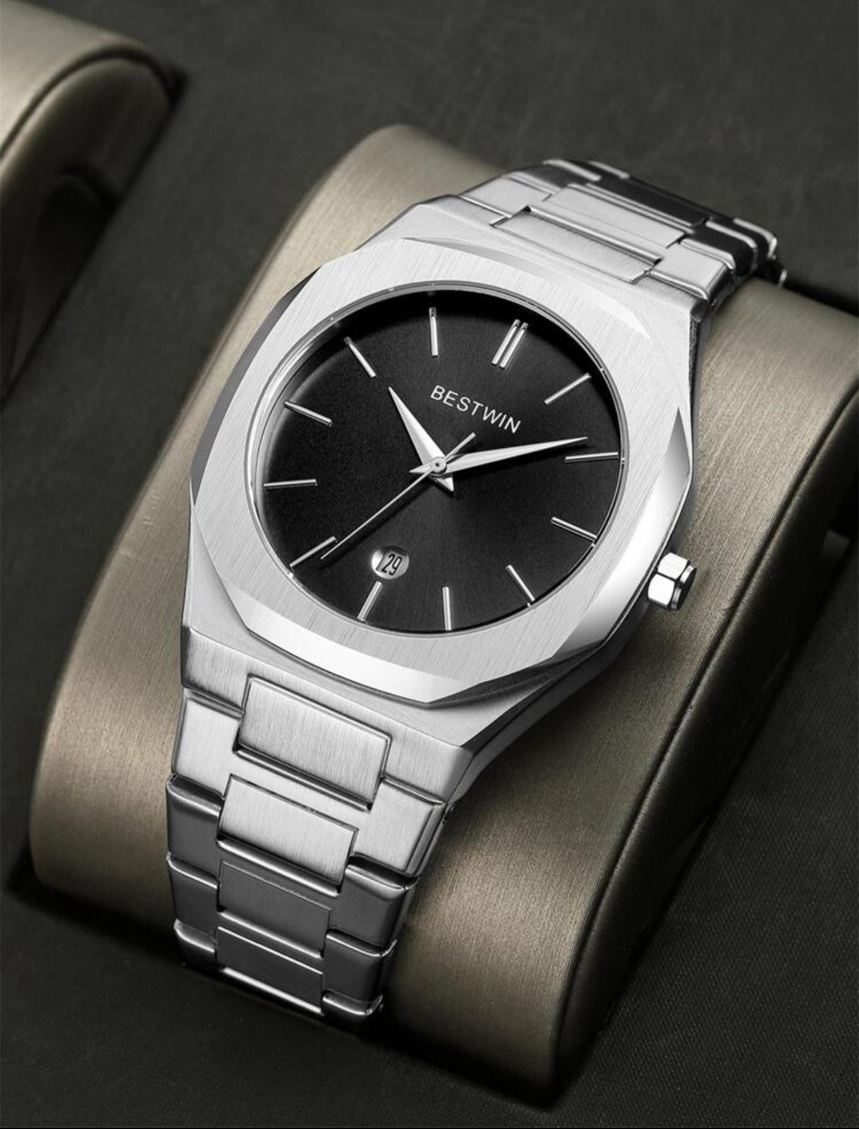 ساعة BESTWIN رجالية فاخرة – قرص أسود، عرض للتاريخ، مقاومة للماء، تصميم عملي، مقاس 40 مم GMBL 813