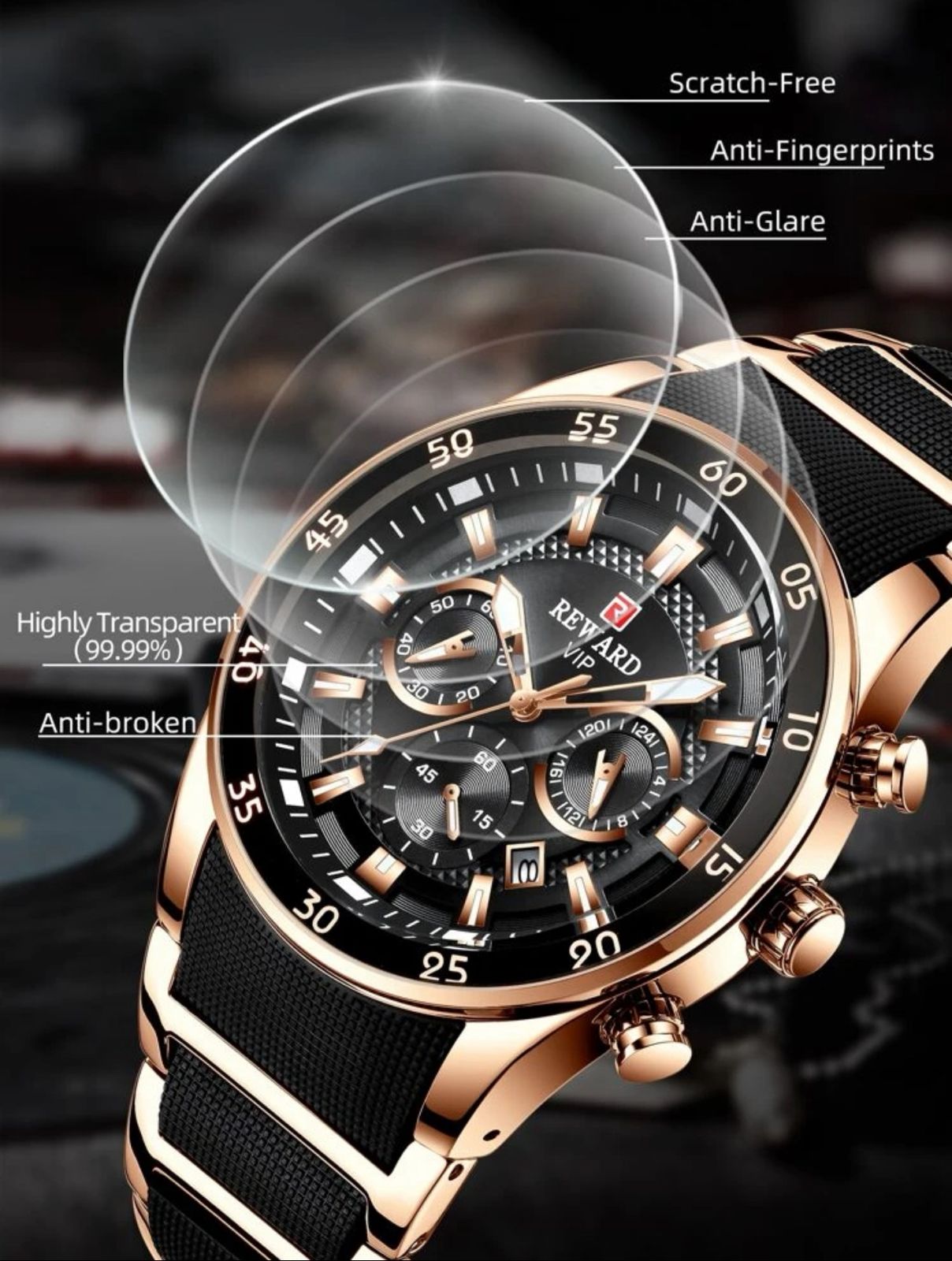 ساعة REWARD رجالية متعددة الوظائف – تصميم كلاسيكي، قرص مضيء، عرض للتاريخ، مقاومة للماء، حزام سيليكون، 44 مم GMRB 81011