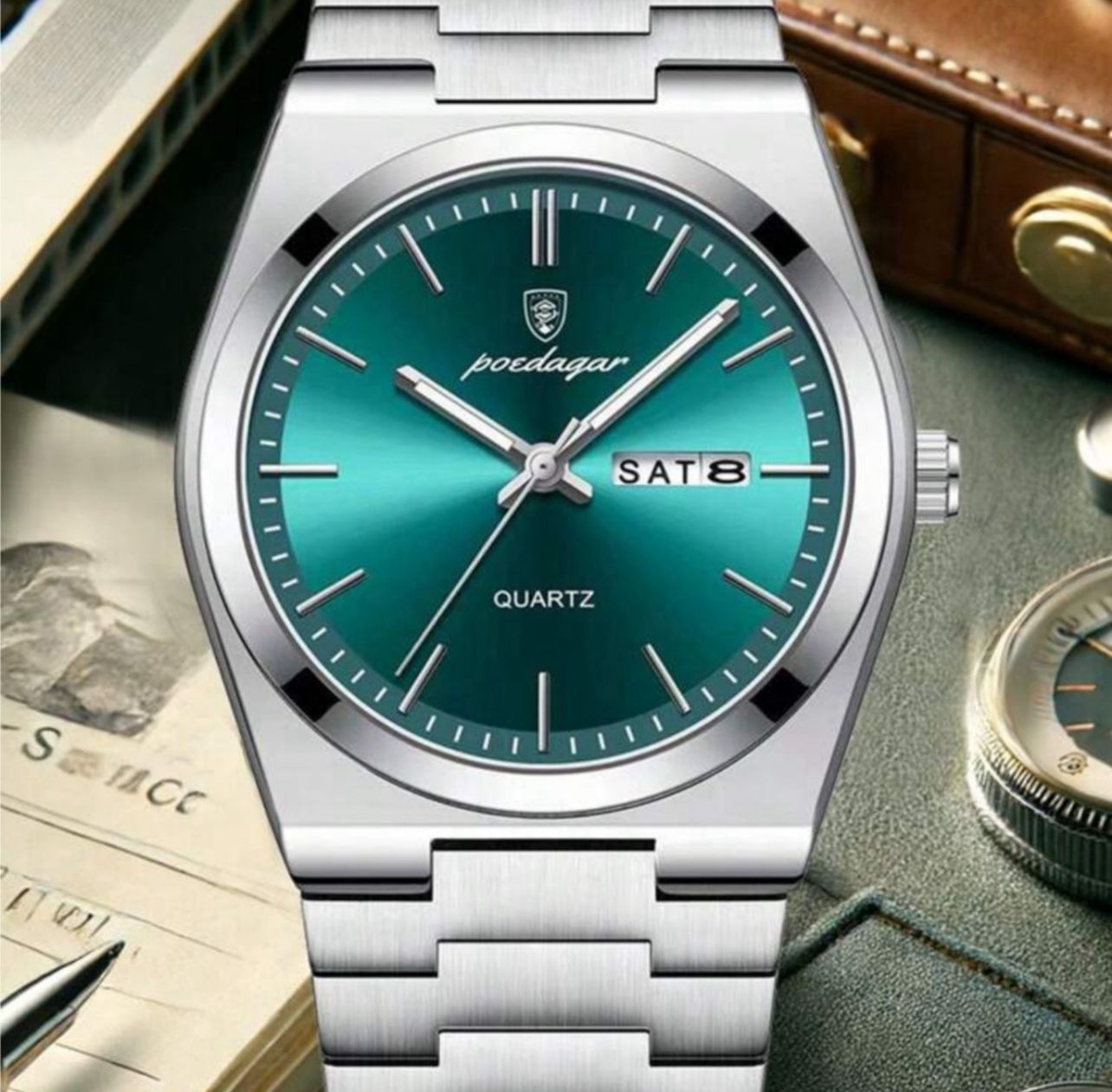 ساعة رجالية فاخرة بتصميم رفيع – فولاذ فضي، قرص أخضر مضيء، عرض اليوم والتاريخ، كوارتز، 40 مم GMG 930