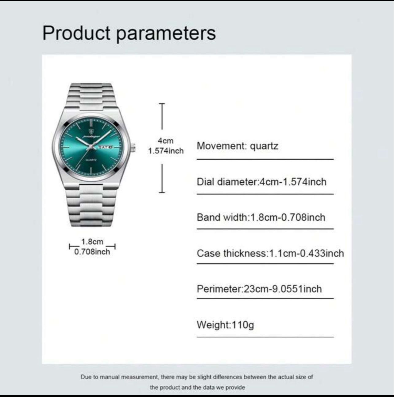 ساعة رجالية فاخرة بتصميم رفيع – فولاذ فضي، قرص أخضر مضيء، عرض اليوم والتاريخ، كوارتز، 40 مم GMG 930