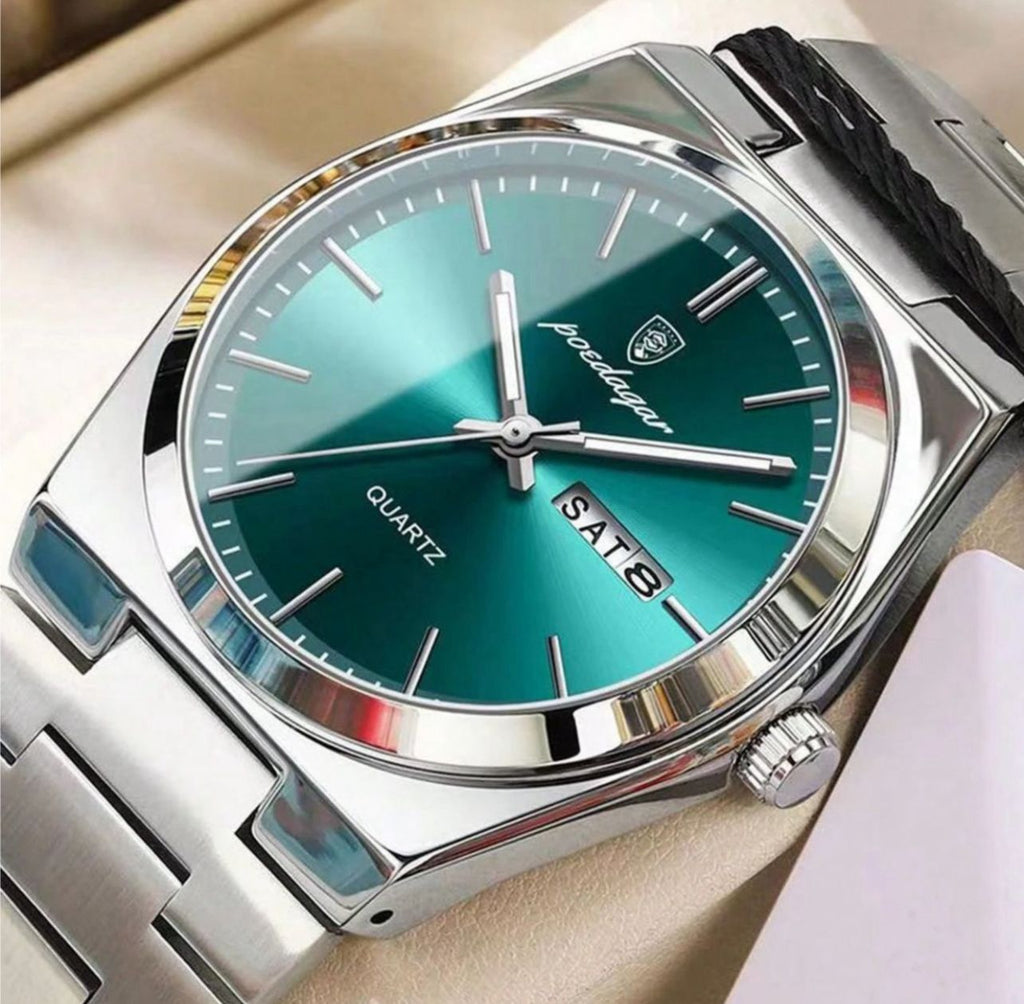 ساعة رجالية فاخرة بتصميم رفيع – فولاذ فضي، قرص أخضر مضيء، عرض اليوم والتاريخ، كوارتز، 40 مم GMG 930