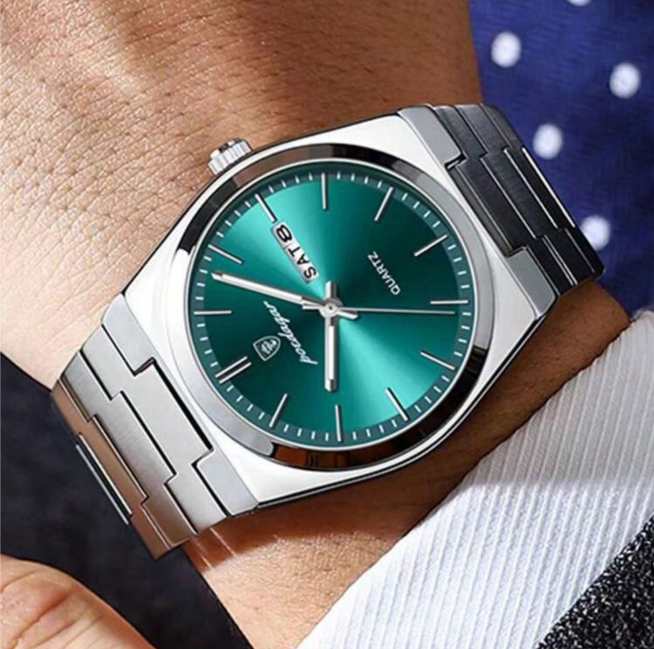 ساعة رجالية فاخرة بتصميم رفيع – فولاذ فضي، قرص أخضر مضيء، عرض اليوم والتاريخ، كوارتز، 40 مم GMG 930